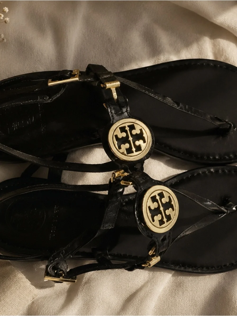 Tory Burch Black Leather Thong Sandals with Gold Logo Medallions